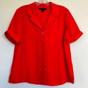 Bright orange red button down short sleeved blouse